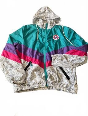 Tipsy Elves Retro Colorblock Windbreaker Jacket Small 80s 90s Hooded Teal Pink